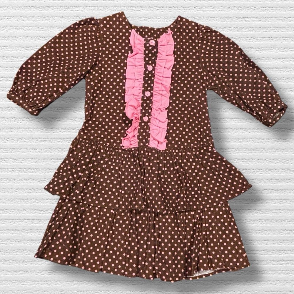 Mom & Me Girls Dress 3T Brown Pink Polka Dot Ruffle Tiered Long Sleeve Corduroy